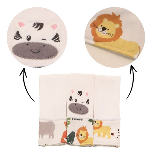 Kit 03 Fraldas De Boca Bebê Menina Menino Estampada Bordada Tamanho Safari