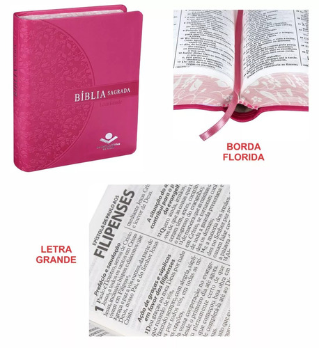Bíblia Feminina Letra Grande Pink Rosa Borda Florida Ra