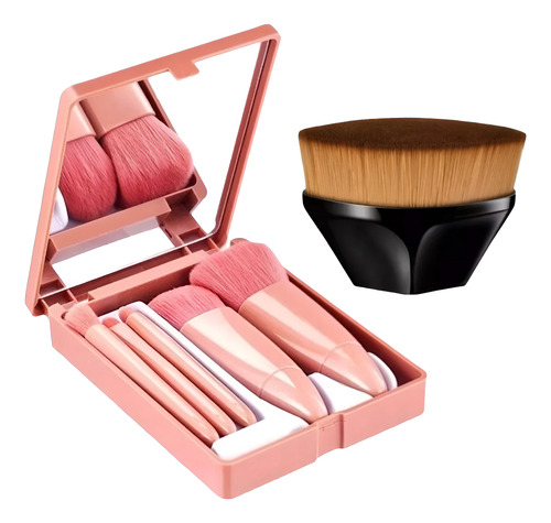 5 Pincéis De Bolsa Com Espelho + Pincel Make-up Brush Kabuki