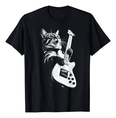 Camiseta Gato Rockero - Guitarra Eléctrica Blanco Y Negro