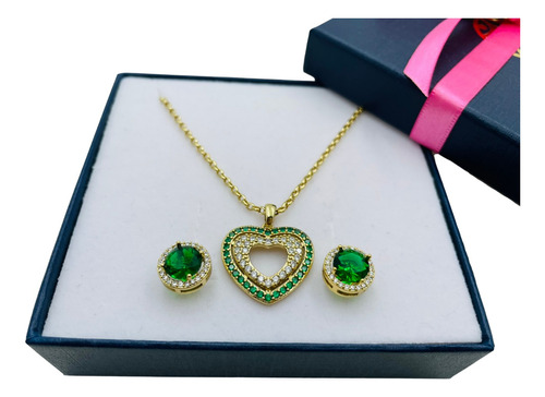 Set Collar Y Aretes Verde Esmeralda Con 4 Baños De Oro 18k