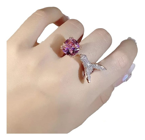 Anillo Colibrí  Ángel Corazón Cristal Rosa Pink  Novia Mamá 