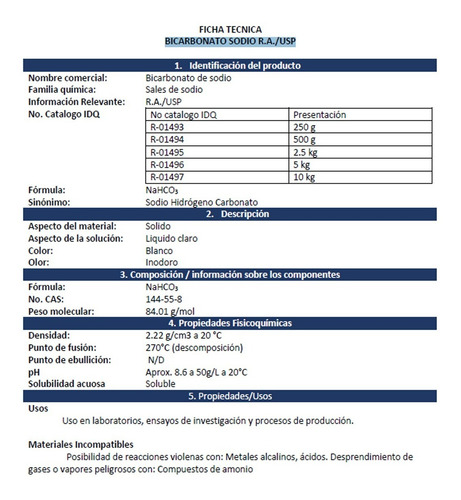 Bicarbonato Sodio R.a./usp Presentación 500 Grms