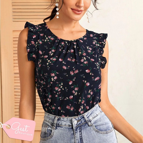 Blusa Azul Intenso Con Estampado Floral Y Mangas Fruncidas