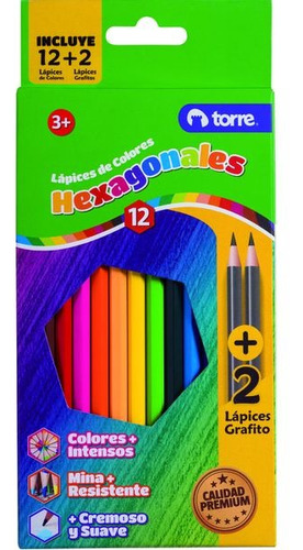 Lápices Colores 12 Col Hexagonales + 2 Grafitos Torre