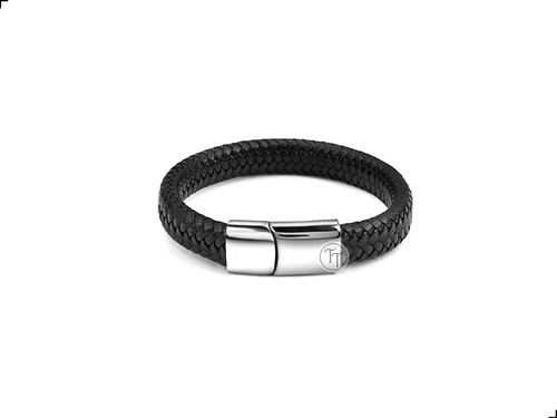 Brazalete Hombre Piel Negra Trenzada Titanio 18k