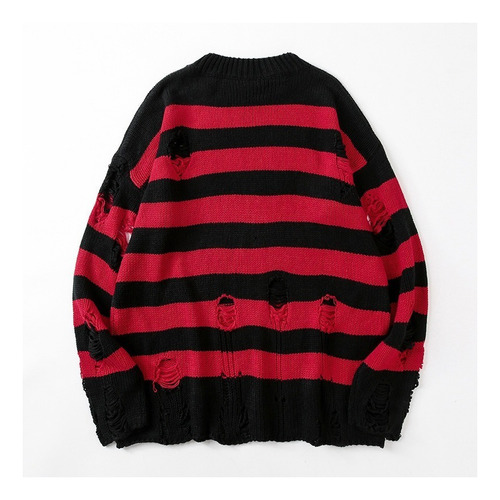 Negro Rojo Suéteres De Rayas Lavado Destruido Ripped Suéter