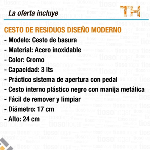 Cesto Acero Inoxidable Pedal 3 Lts Cocina Baño Tacho Basura