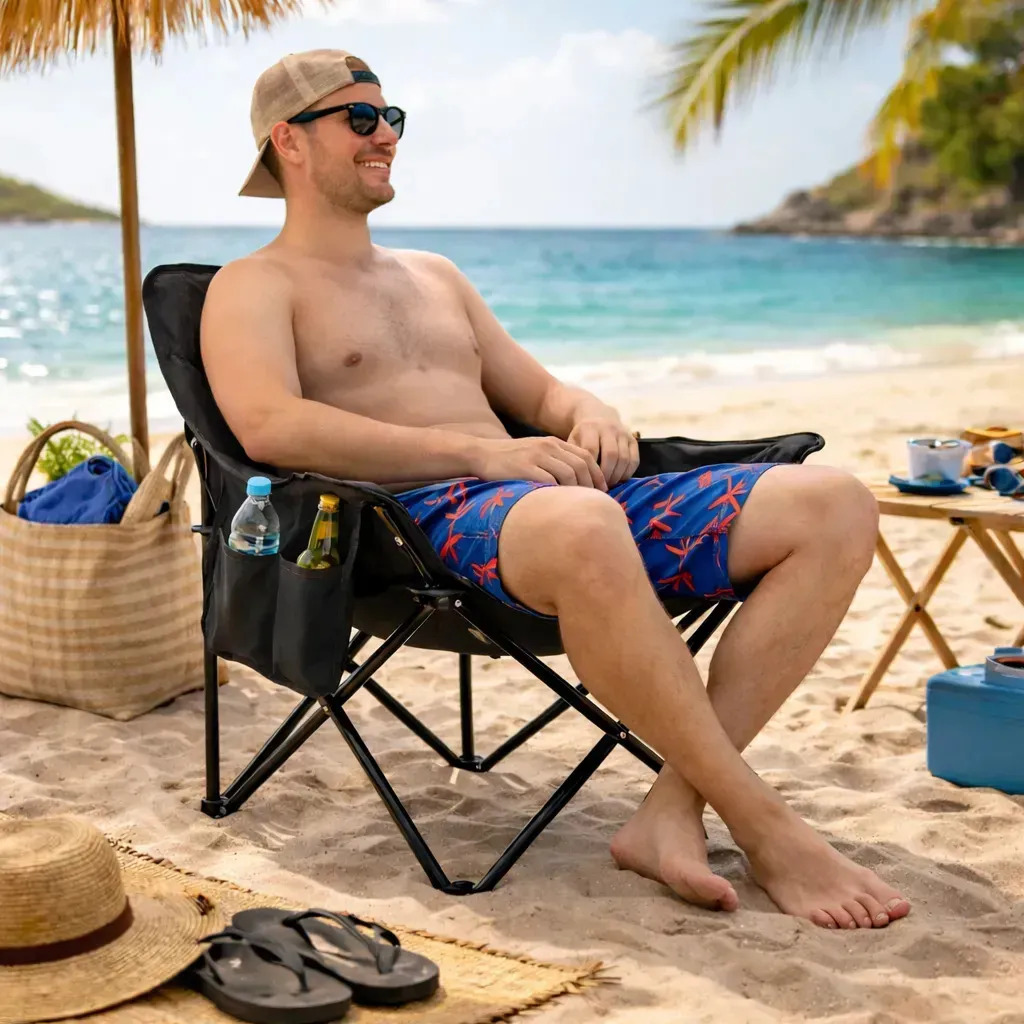 Cadeira Camping Dobrável Portátil Preta Reforçada Suporta 150kg com Bolsa 2 Bolsos Divisórios Pesca Praia