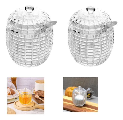 Conjunto De Açucareiro E Meleira De Vidro Com Colher E Tampa