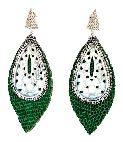 Aretes Turca Plata 0.925 Con Piel Verde Y Perla Nacar