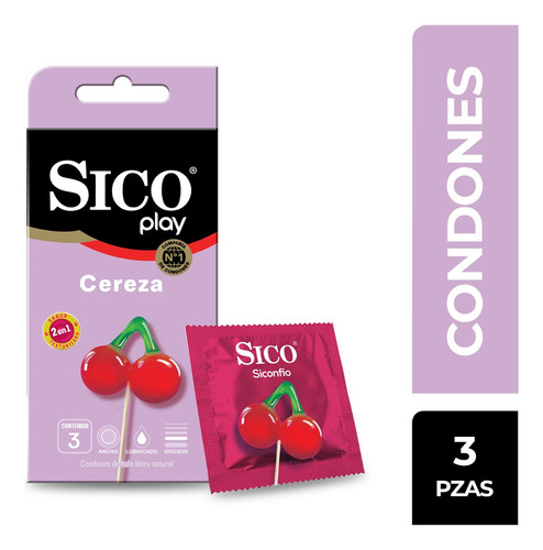 Sico Play, Condones Texturizados Sabor Cereza, 3 Piezas.