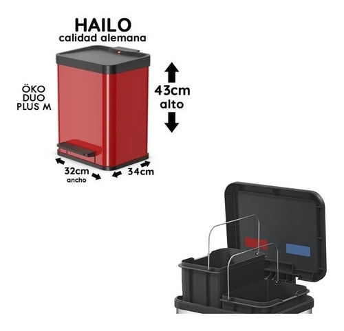 Imagen 2 de 4 de Cesto Residuos Oko Duo Plus M 2x9 Lt. Hailo Rojo
