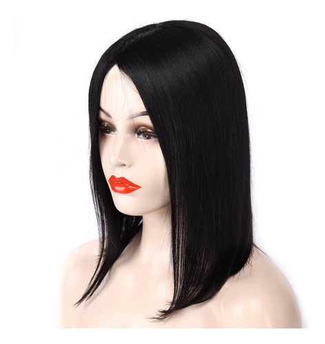 Peluca Lisa Negra 40cm Sin Fleco Cabello Humano