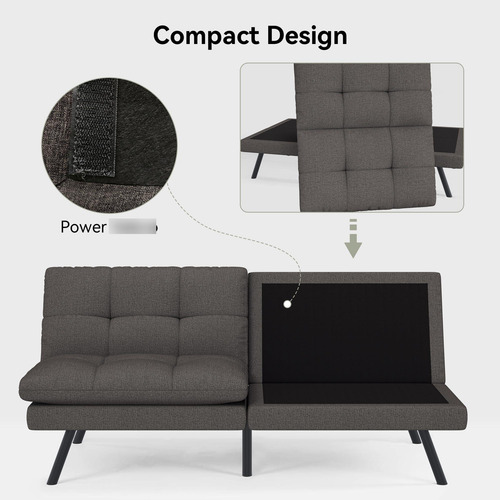Sofá Cama Futón Convertible De Tela Lino Gris Ajustable