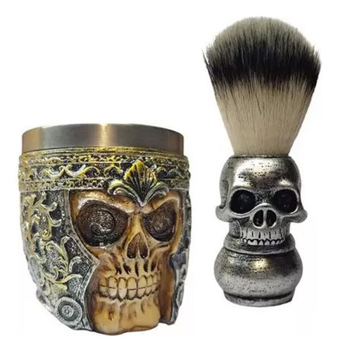 Kit Brocha De Afeitar + Tazon Acero Inox Barbero Calavera Kt