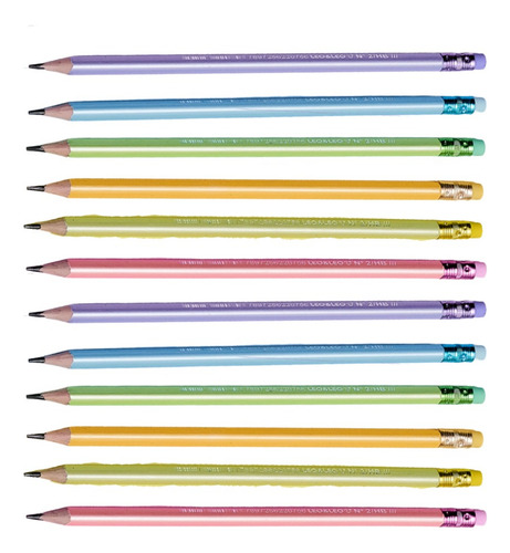 12 lápices negros modernos decorados en colores pastel con goma de borrar en la punta