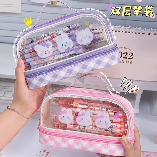 Estuche para lápices con dibujos animados, color rosa, pequeños bloques de leche, diseño de conejo