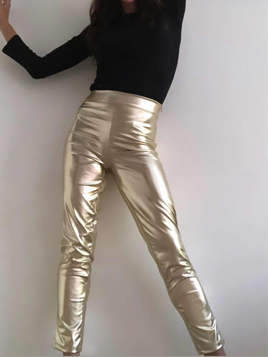 Pantalon Metalizado  Con Cierre Escondido Chupín Oro
