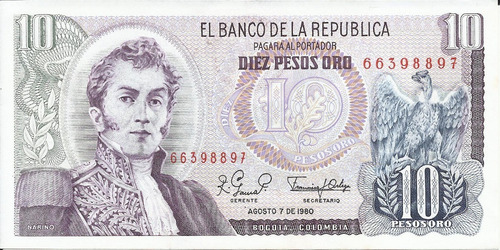 Colombia 10 Pesos 7 Agosto 1980