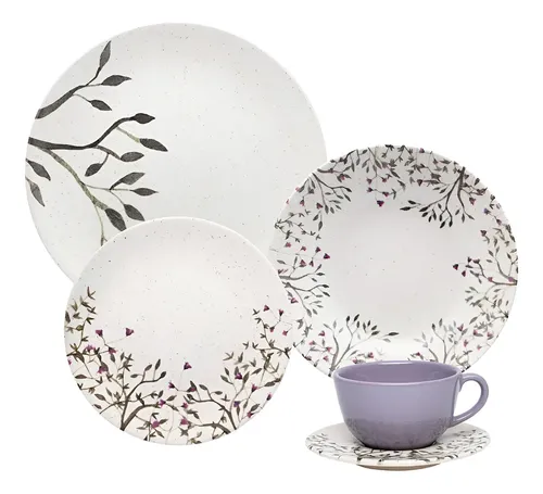 Aparelho De Jantar E Chá 20 Pçs Oxford Unni Lilac Cor Branco Florido