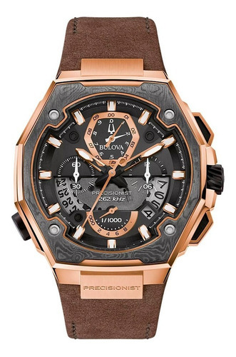 Relógio de couro Bulova Precisionist Original Ed Lim para homens, cor da pulseira: marrom, moldura, cor de fundo cinza, cor de fundo: preto