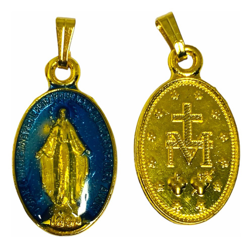 Medalla Virgen De Los Rayos Bañada En Oro Esmalte Azul