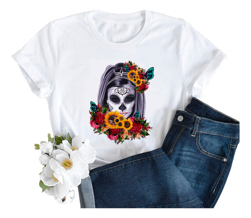 Remera Dama Mujer Moda Hipichic Cara Calavera Rosas Flor #04