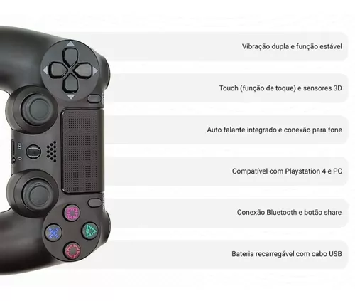 Controle PS4 compatível Playstation 4 Sem Fio com Touch - Preto