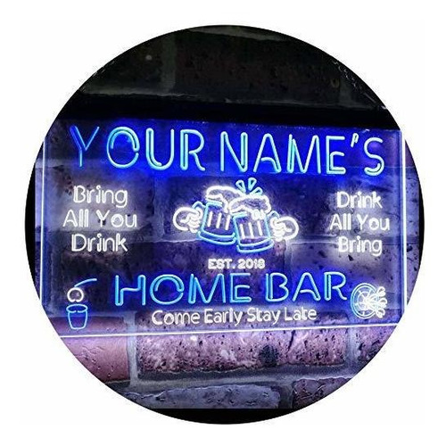 Letrero Personalizado Bar Casa Led Blanco & Azul 60x40 Cm.