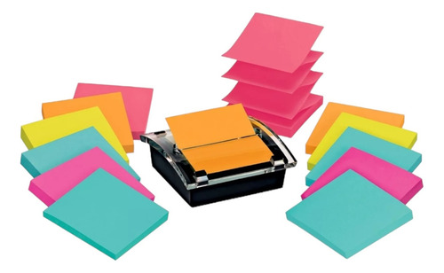 Dispensador Notas Adhesivas 3m Post It 3x3 + 12x Pads Neon Color Dispensador + 12 Pads Colores Mixtos