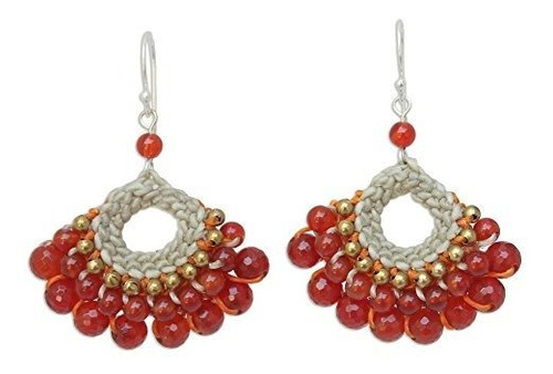 Hand Crocheted Carnelian And Quartz Earrings With.925 Sterli
