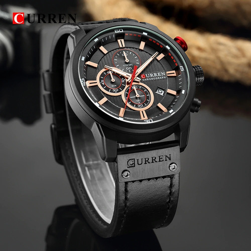 Relogio Masculino Curren Caixa Preta Fosca 50mm Calendario Cronos Funcionais Pùlseira Couro Preto Legitimo Frete Gra