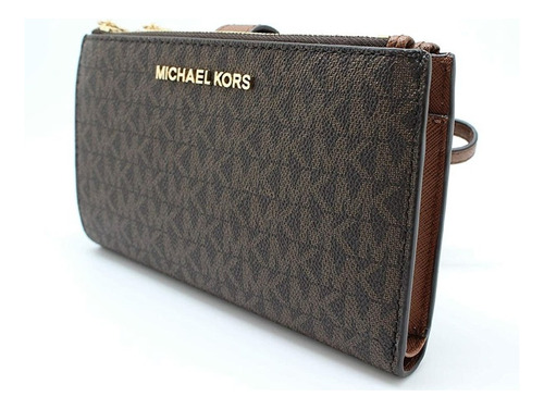 Michael Kors Carteira jet set marrom zíper duplo dourado desenho do tecido