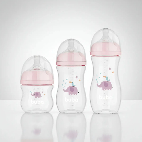 Kit Mamadeiras 120, 270 E 330ml Bico Petala Anticolica Buba Cor Rosa Elefante