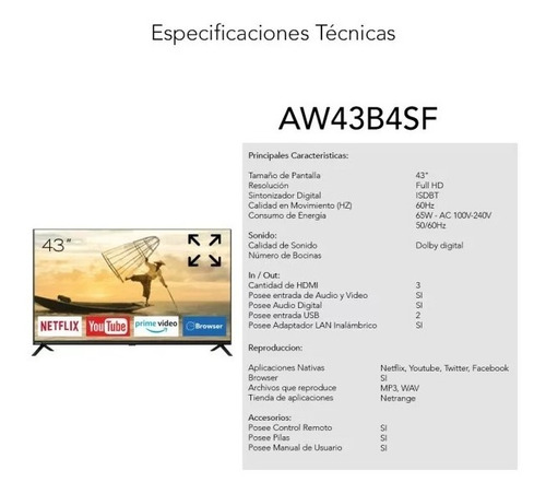 Imagen 3 de 3 de Televisor Aiwa 43'' Smart Tv Full Hd