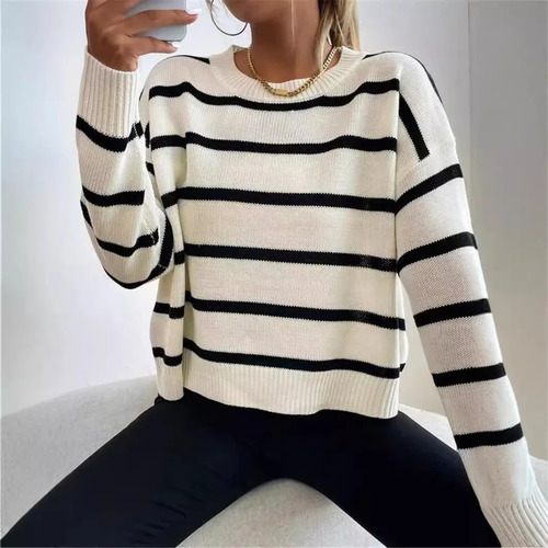 Suéter De Punto A Rayas Para Mujer Con Cuello Redondo Y Mang