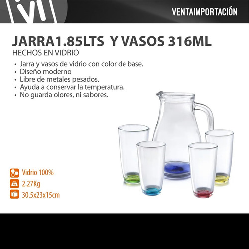 Imagen 4 de 4 de Jarra Vasos De Vidrio Colores Pack 5 Piezas Made In Mexico