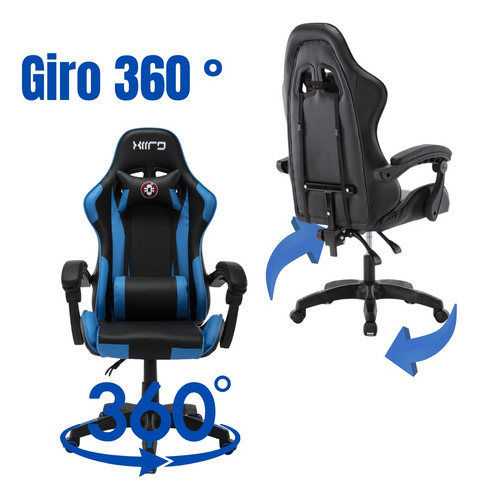 Silla Gamer Reclinable Para Escritorio, Ergonomica Ajustable Azul Con Negro Cuero Sintético