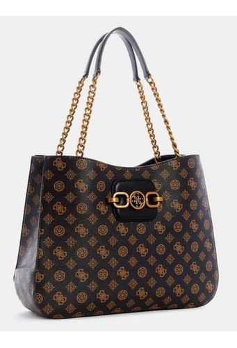 Bolsa Guess Tote Hensely Monogram Acabado de los herrajes Dorados Color Marrón Color de la correa de hombro Oro