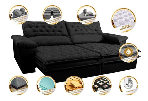 Sofá Retrátil Reclinável 2,32m Cama Inbox Alemanha. Velusoft Cor Preto