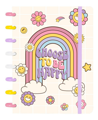 Caderno Disco Iscool Inteligente A5 Arco Iris Flores Retro