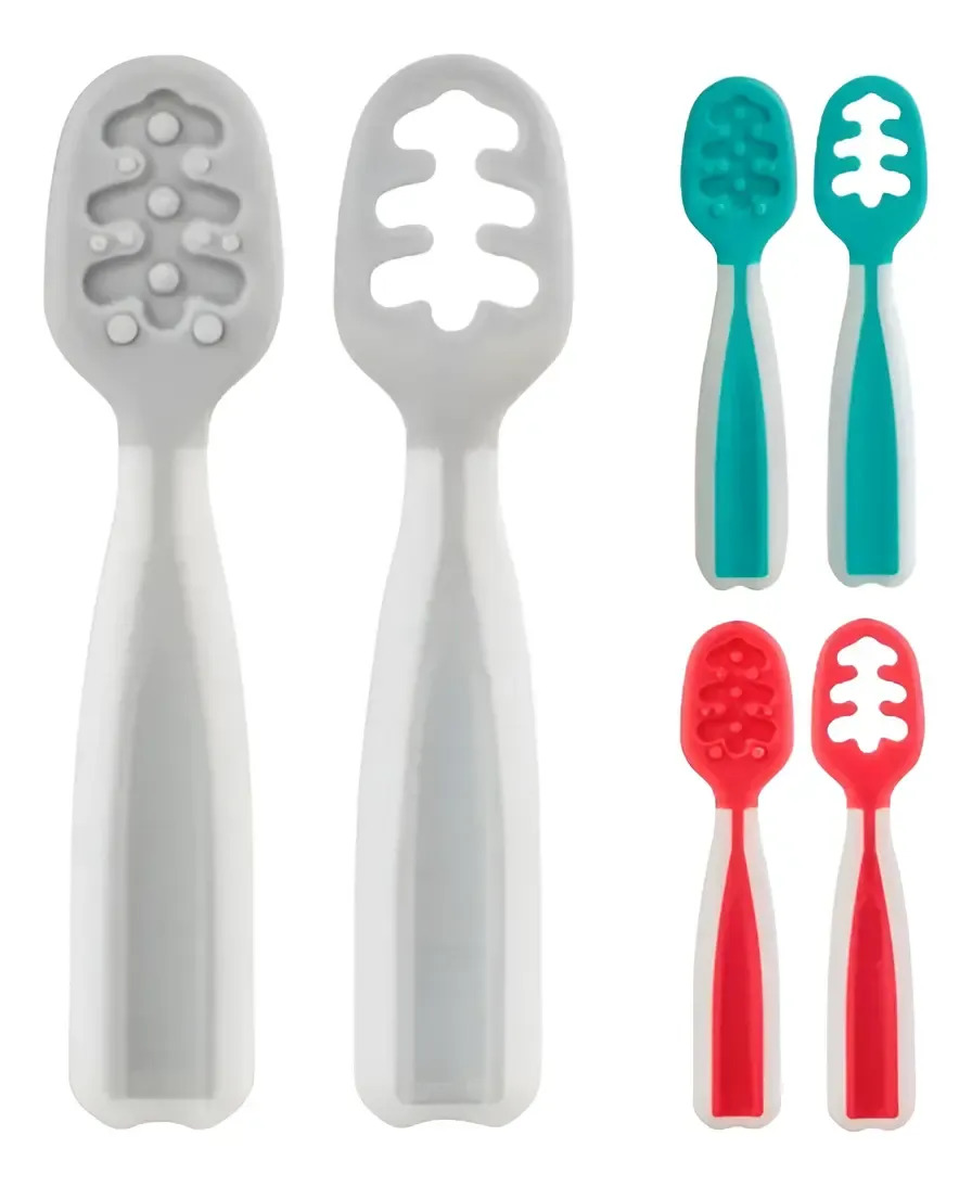 Kit 2 Colheres De Treinamento Auto Alimentação Bebê Buba. Cor Cinza
