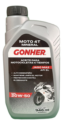 Aceite Para Moto 4 Tiempos Mineral Gonher 20w50 950ml