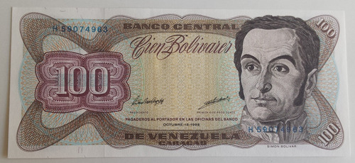 Imagen 1 de 2 de Billete Venezuela 100 Bolívares Octubre 13 1998 H8 Unc