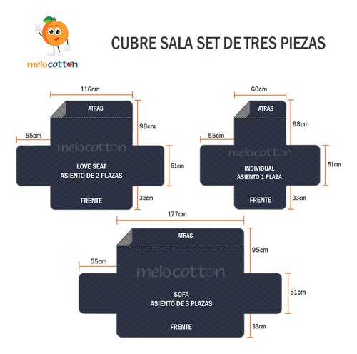 Protector Cubre Sala Doble Vista Lavable En Casa -3 Piezas- Color Negro - Gris Lisa