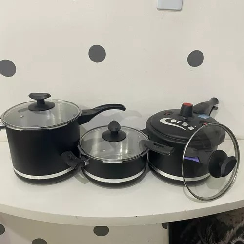 Jogo De Panela Com Panela De Pressão 3 Panela Antiaderente Cor Preto CRAQUELADO