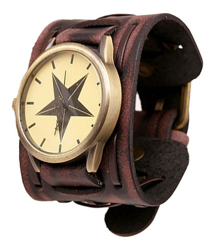 Reloj Retro Punk Rock Marrón Brazalete De Cuero Ancho Grande