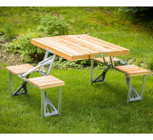 Mesa Con Bancos Plegables Simil Madera