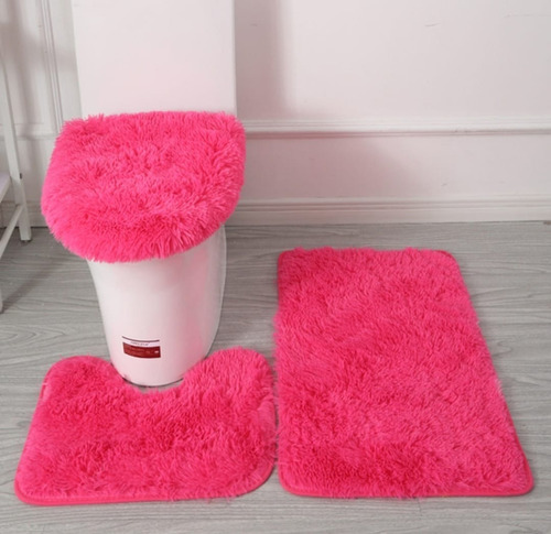 Jogo De Conjunto De Banheiro 3 Peças Peludo Luxo Oferta. Cor Pink